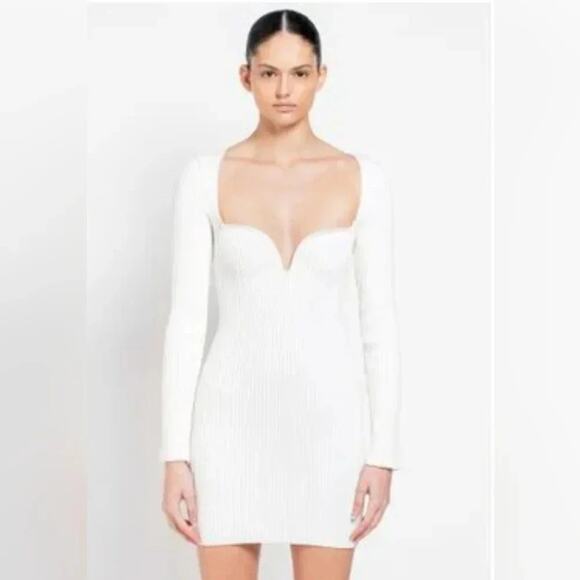 Cream Knit Plunge Mija Merino Wool Blend Rib Mini Dress Gauge81 Medium - Picture 2 of 11